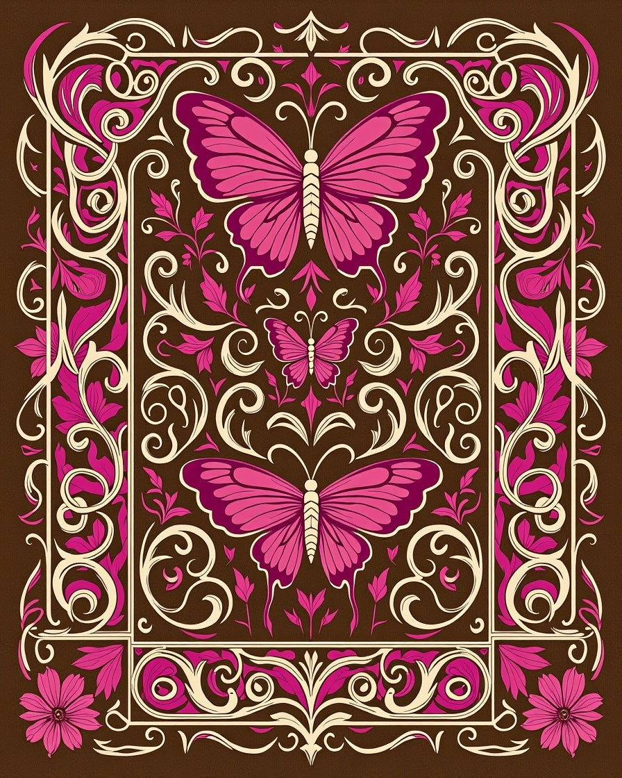 Pink Butterfly Floral Scroll Border Rug