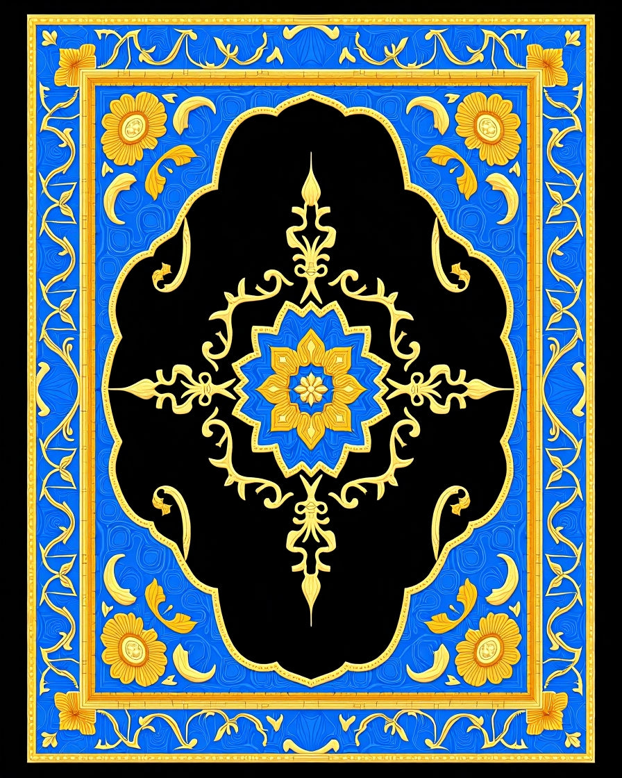 Golden Sunburst Blue Floral Bloom Rug