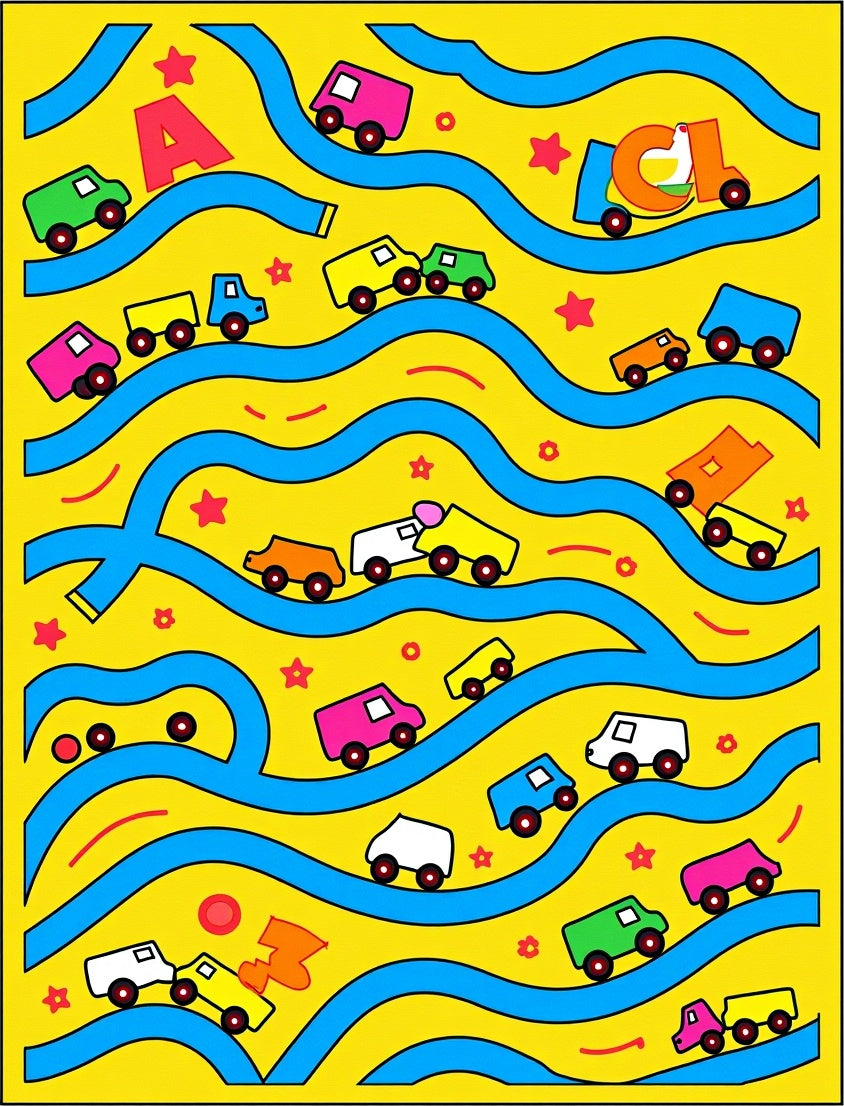 Bright Yellow Blue Cars Road Playtime Rug
