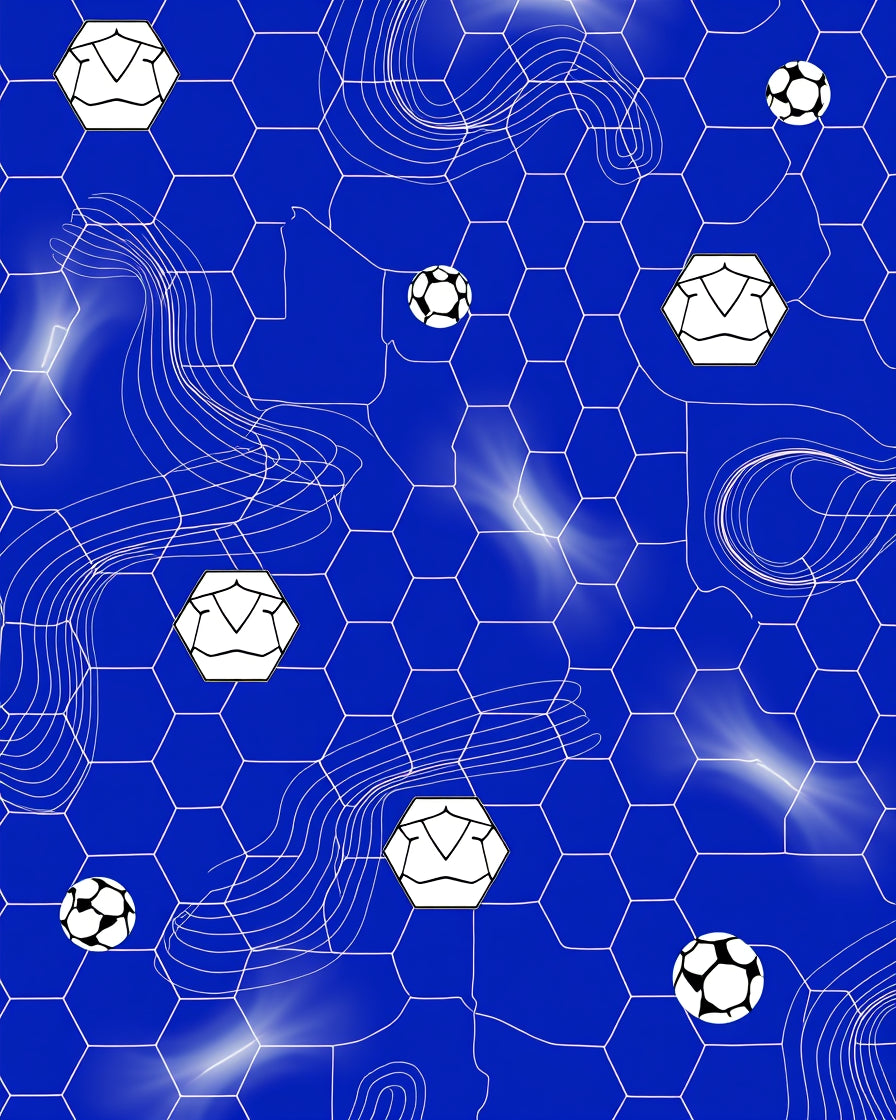 Vibrant Blue Soccer Hexagon Balls Rug