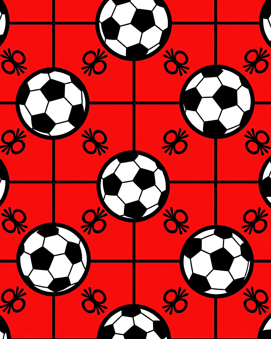Red Black White Soccer Ball Grid Rug