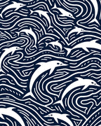 Playful White Dolphins Navy Swirls Rug