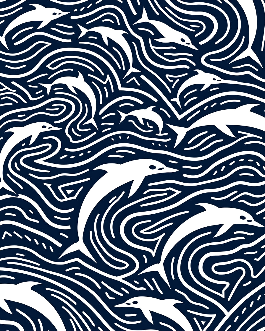 Playful White Dolphins Navy Swirls Rug
