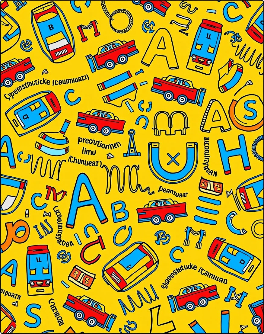 Bright Yellow Red Blue Alphabet Cars Rug