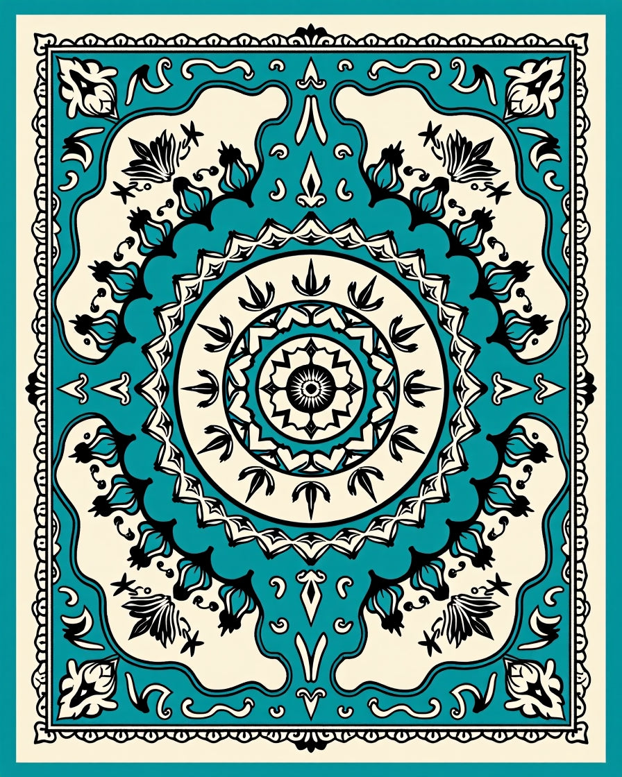 Turquoise Black Cream Mandala Medallion Rug