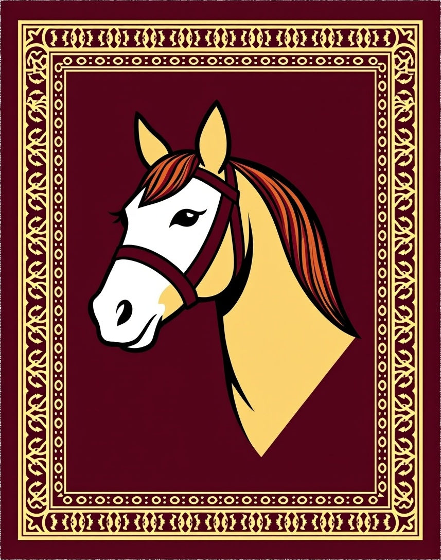 Burgundy Golden Horse Head Portrait Rug