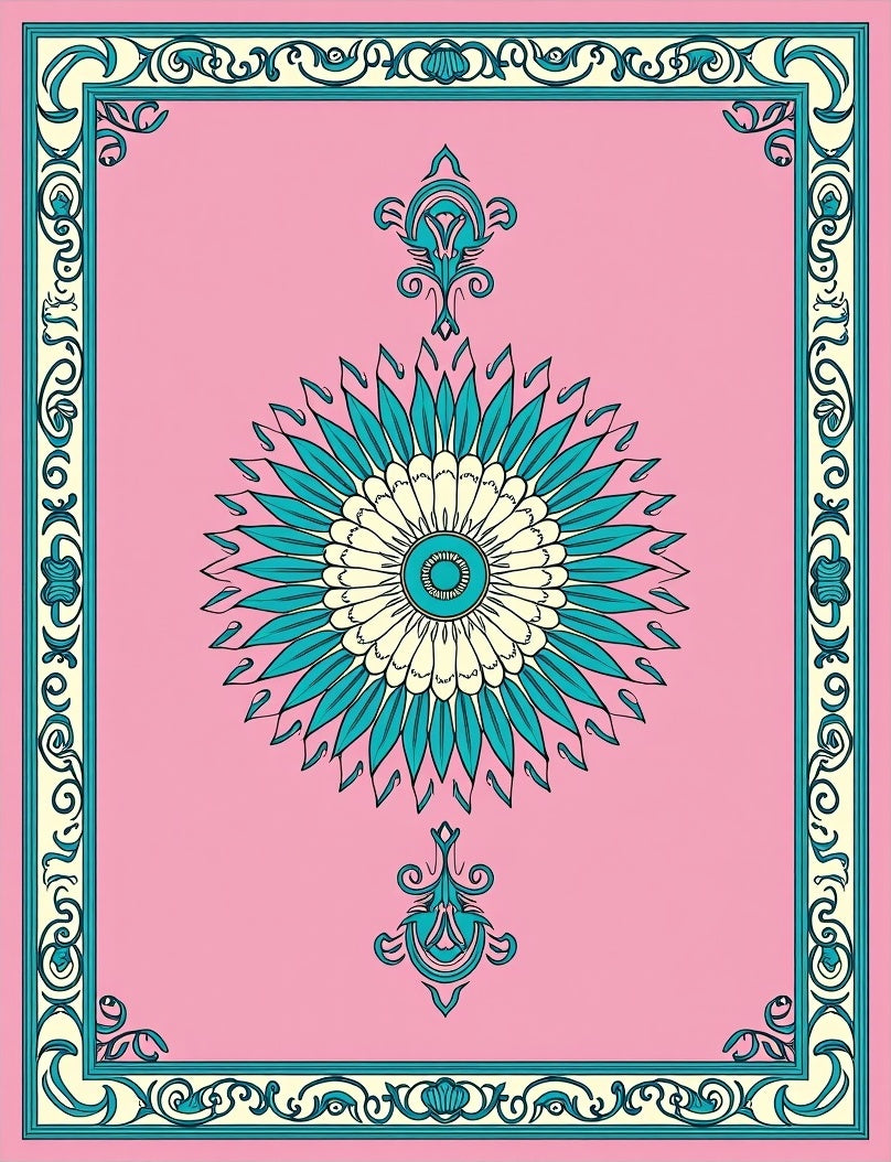 Pink Teal Cream Floral Medallion Border Rug