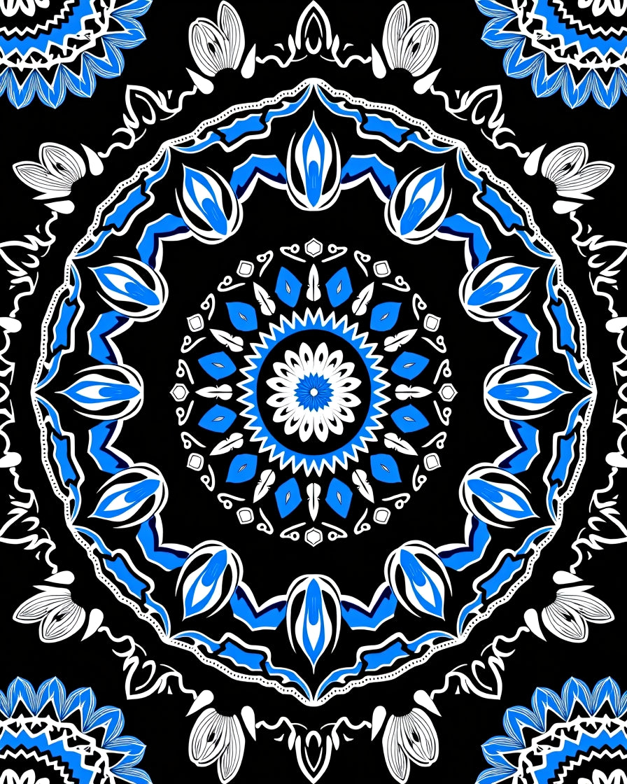 Bold Black White Blue Mandala Rug
