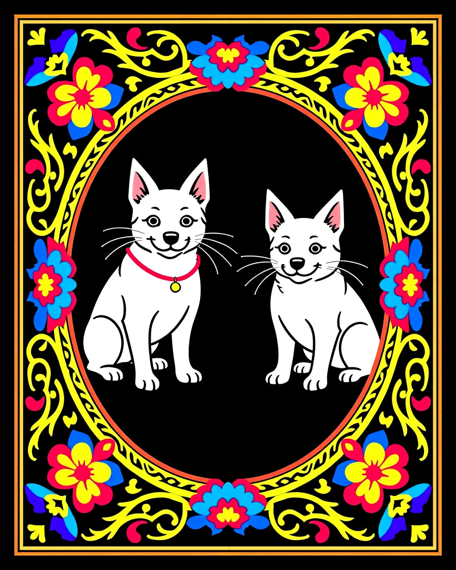 Vibrant Floral Frame Two Cats Oval Rug