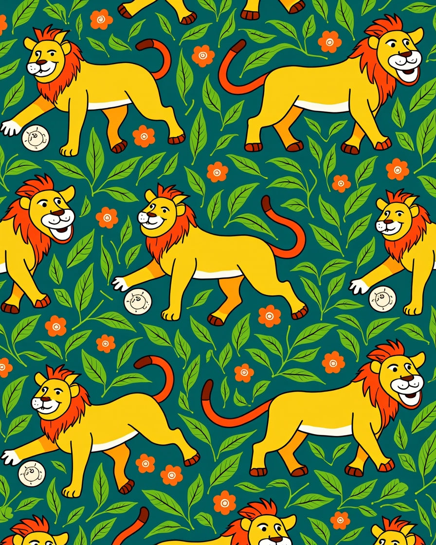 Whimsical Yellow Lion Jungle Foliage Rug