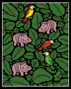 Whimsical Pink Hippos Green Jungle Birds Rug