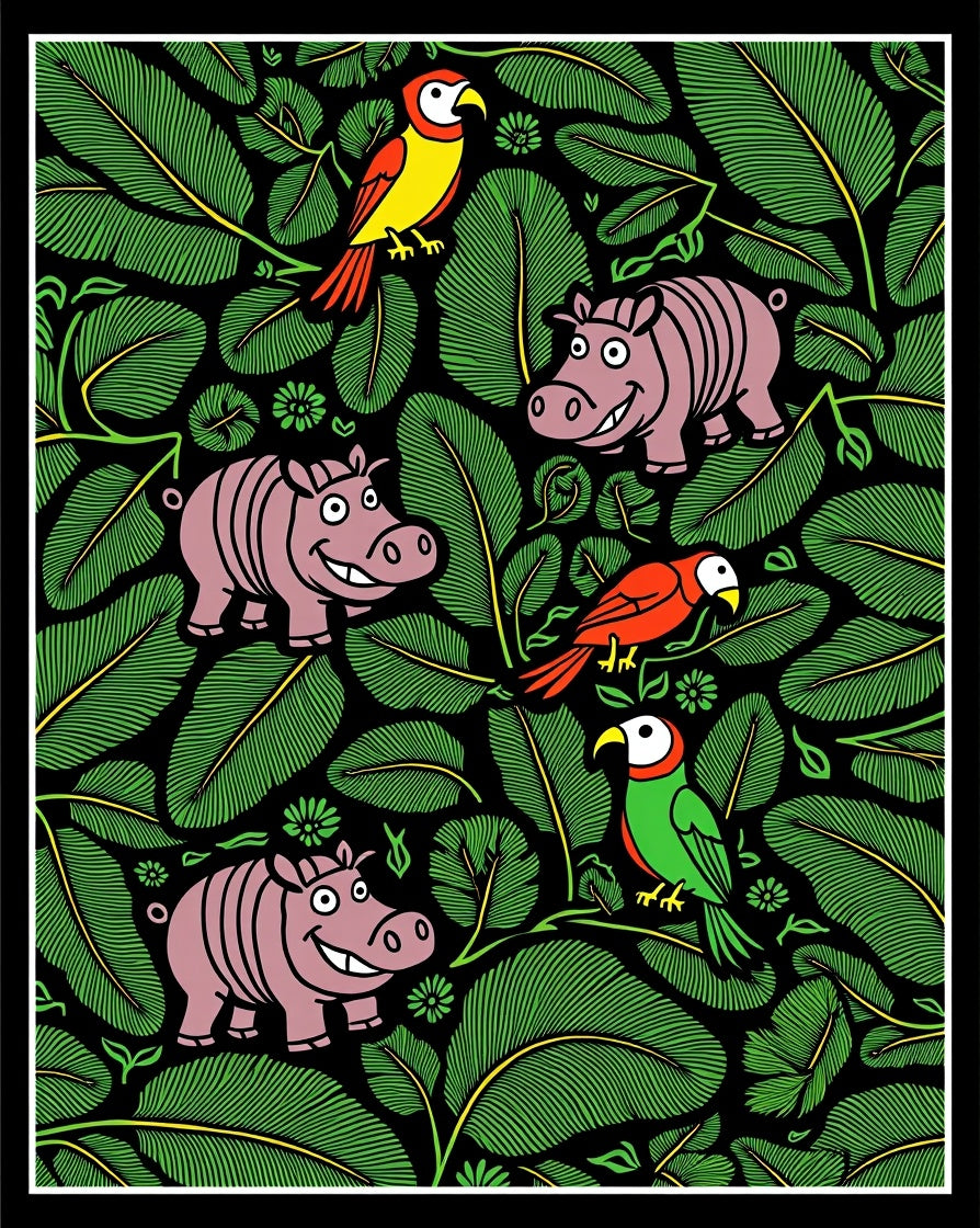 Whimsical Pink Hippos Green Jungle Birds Rug