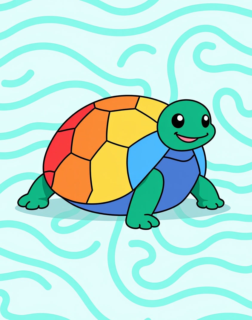 Colorful Rainbow Turtle On Aqua Waves Rug