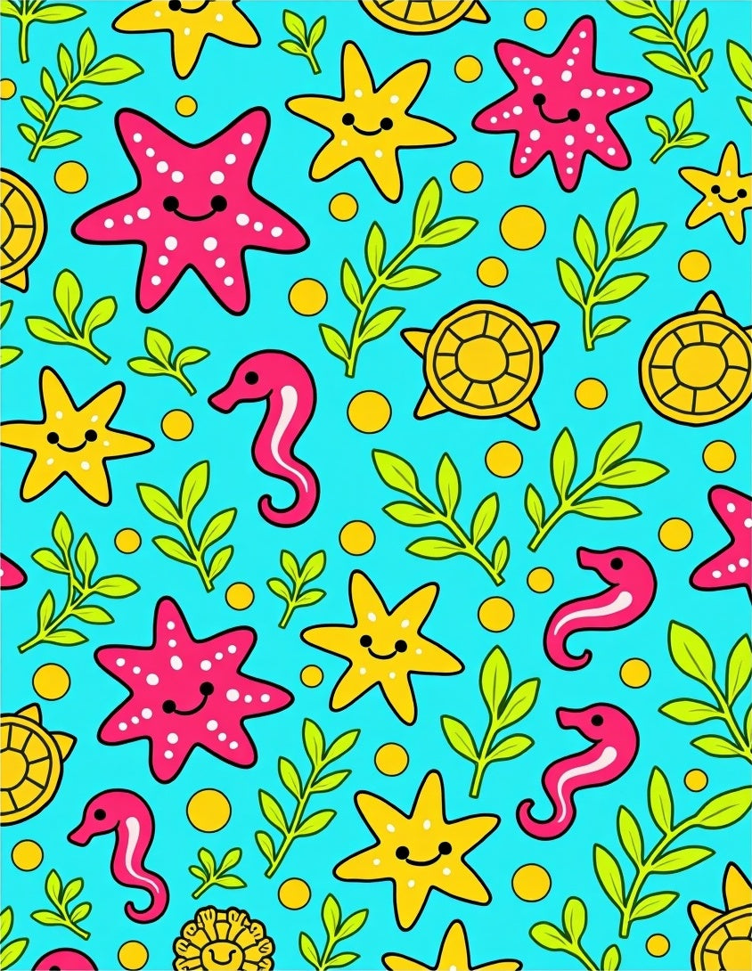 Cute Sea Creatures Under Blue Ocean Rug
