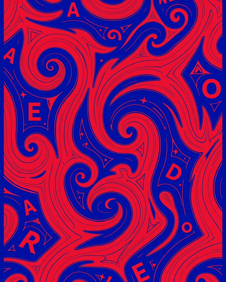 Vivid Red Swirls on Royal Blue Rug