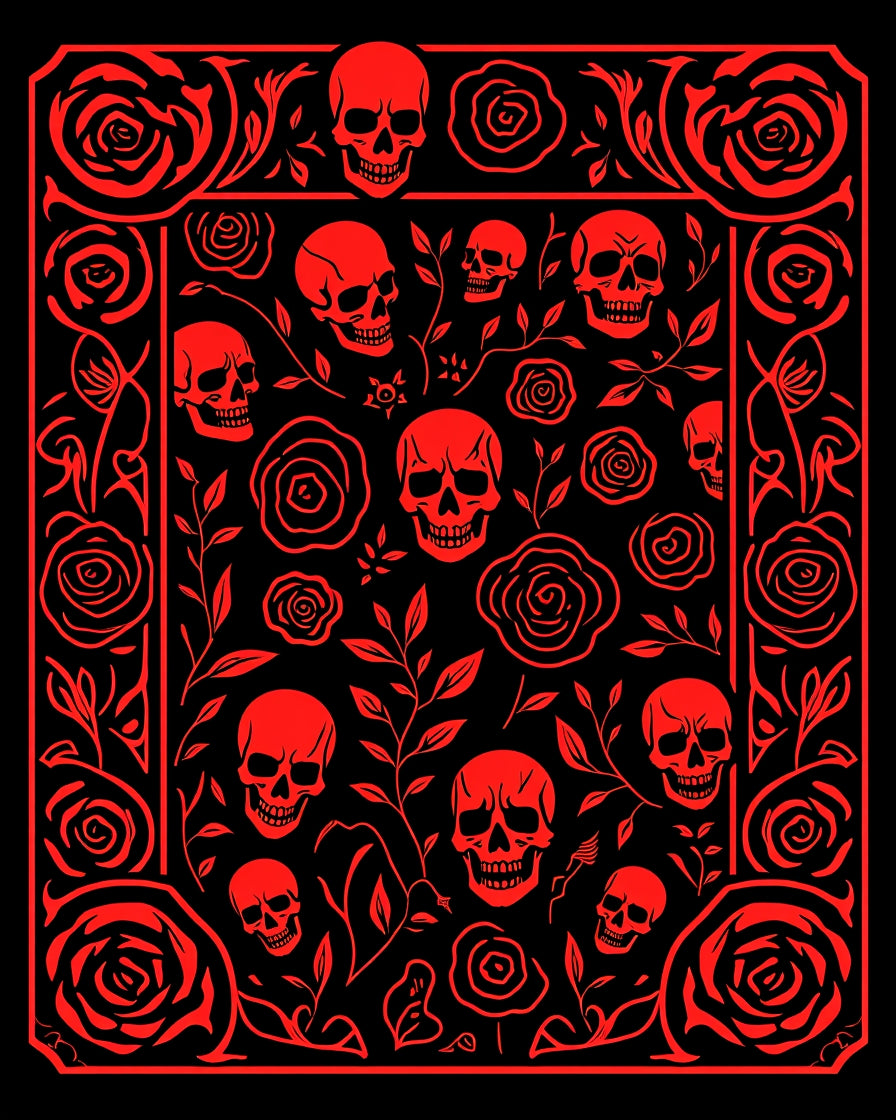 Crimson Skull Rose Border Rug