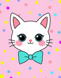 Cute White Cat Teal Bow Polka Dot Pink Rug