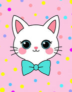 Cute White Cat Teal Bow Polka Dot Pink Rug