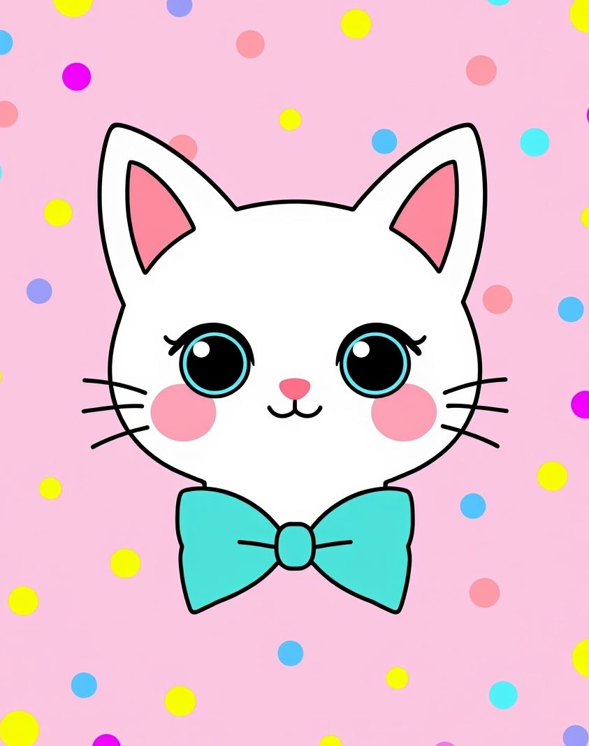 Cute White Cat Teal Bow Polka Dot Pink Rug
