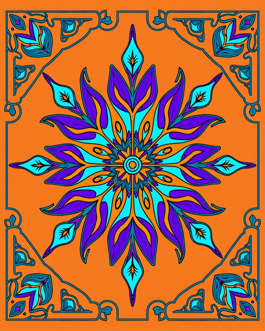 Vibrant Teal Purple Floral Medallion Orange Rug