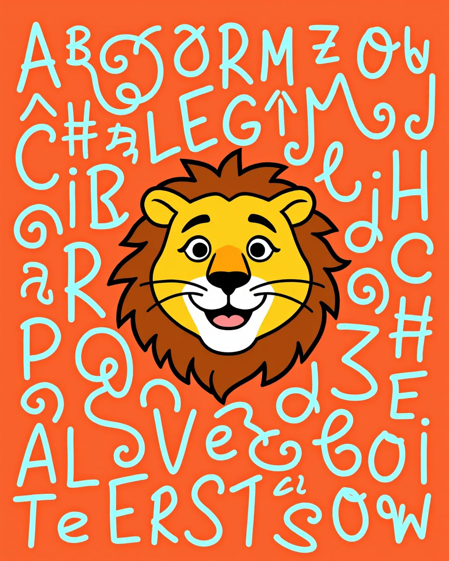 Playful Lion Alphabet Orange Background Rug