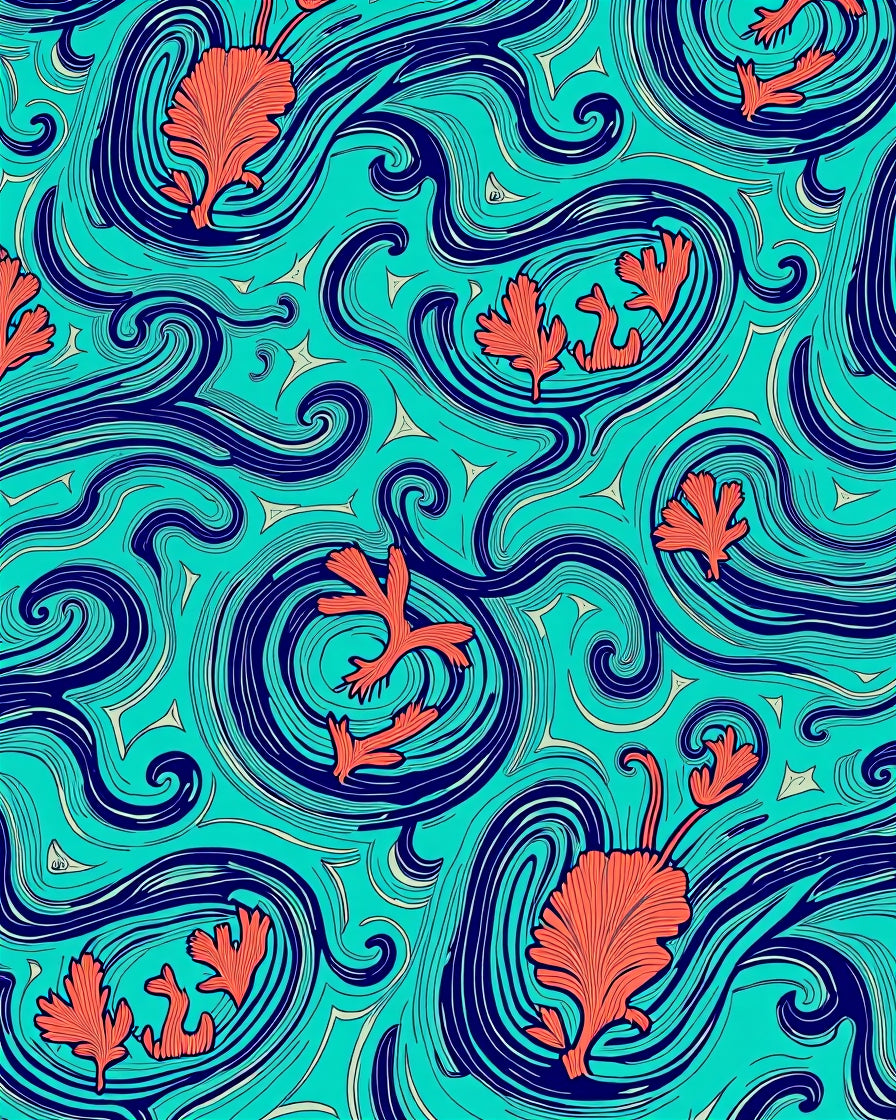Coral Blue Wave Swirls Rug