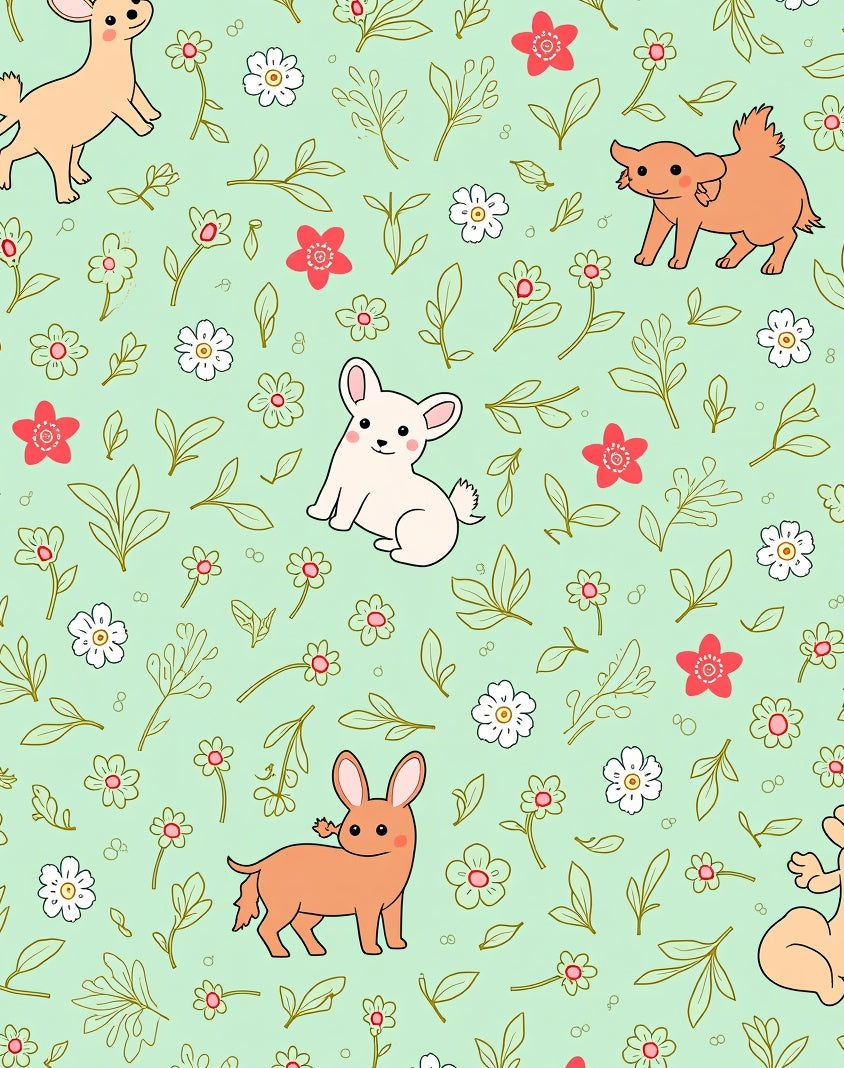 Cute Doggies Floral Garden Mint Rug