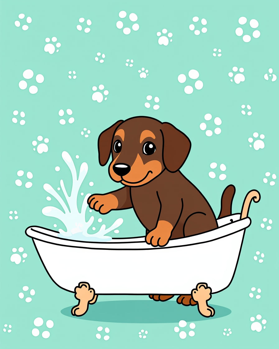 Cute Dachshund Puppy Bathtime Paw Prints Rug
