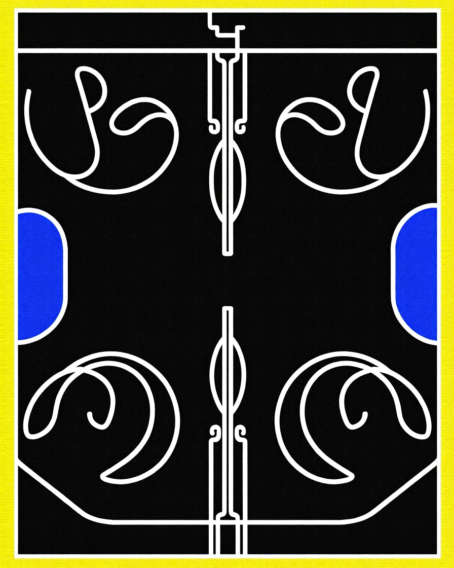 Black White Yellow Blue Geometric Flow Rug