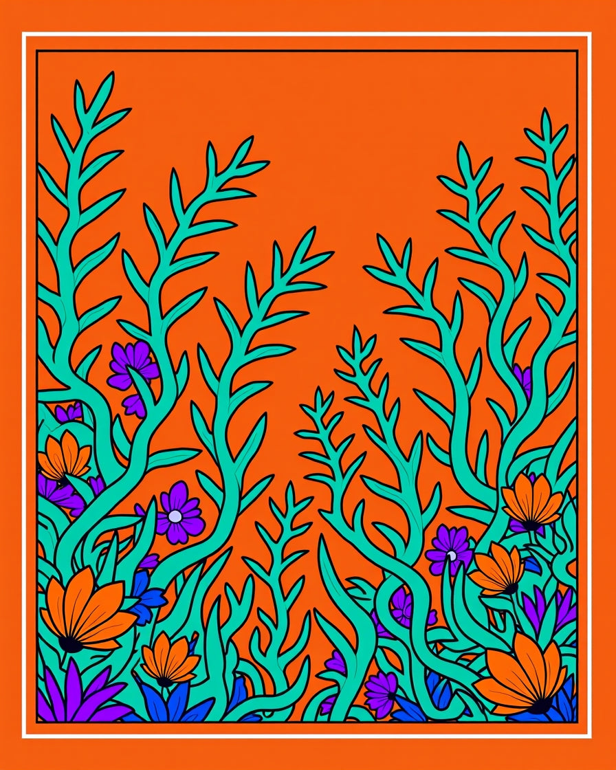 Vibrant Teal Orange Floral Jungle Rug