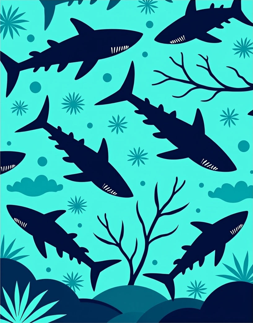Navy Shark Teal Sea Life Collage Rug