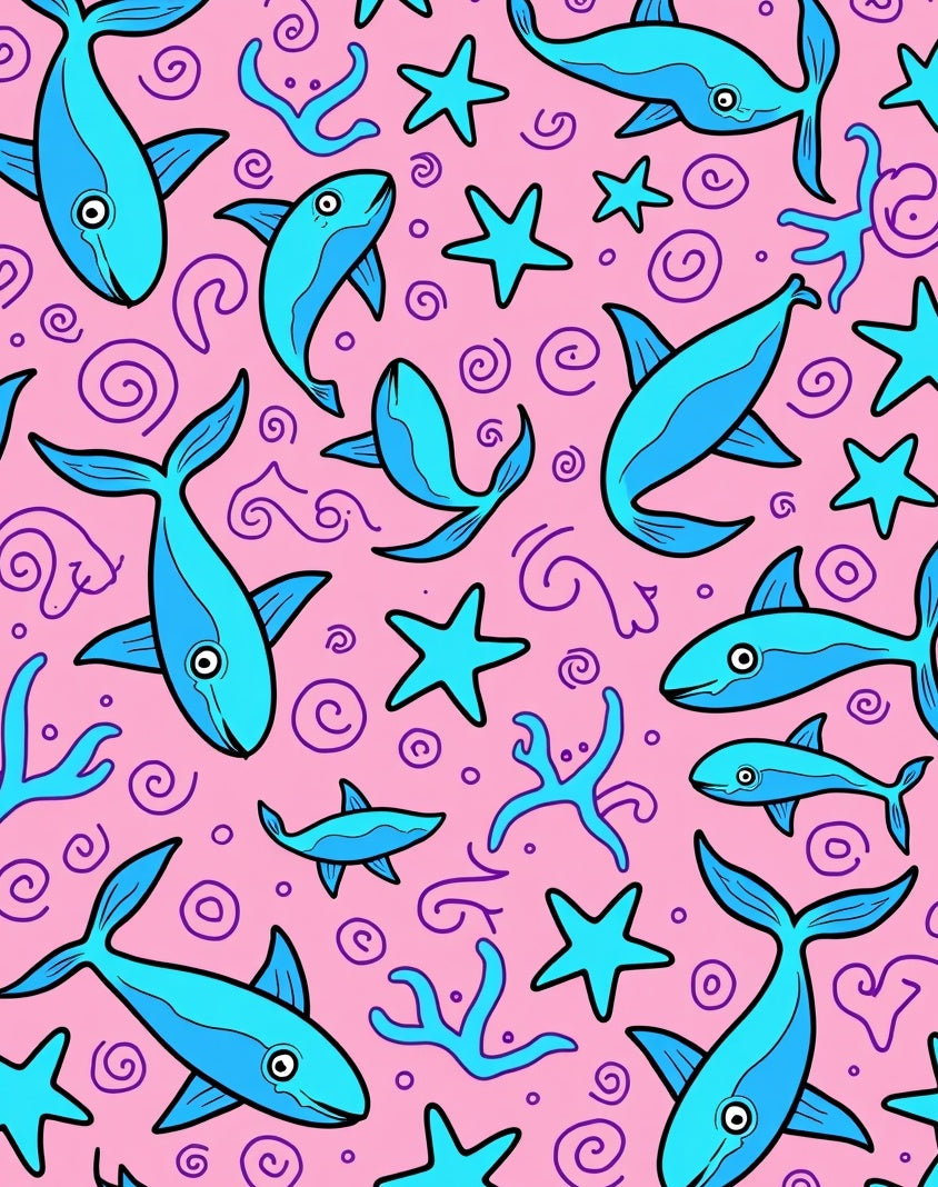 Blue Fish and Starfish Pink Ocean Rug