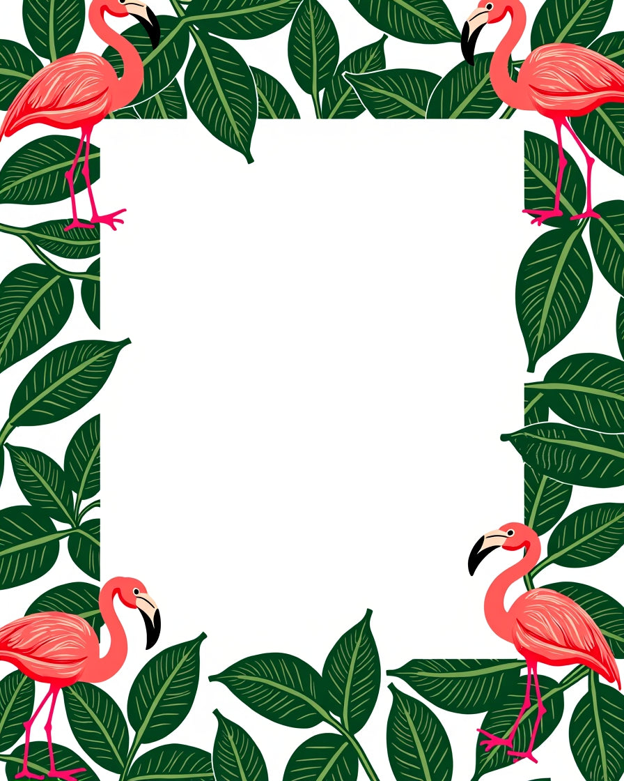Pink Flamingo Tropical Leaf Frame Rug