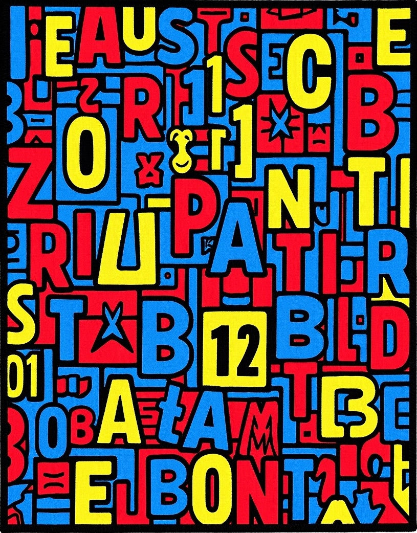 Bold Red Blue Yellow Letter Collage Rug