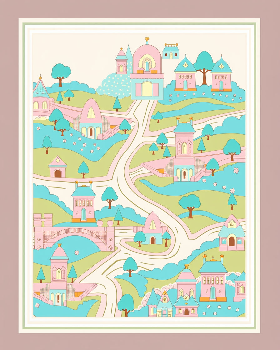 Whimsical Pastel Village Landscape Rug