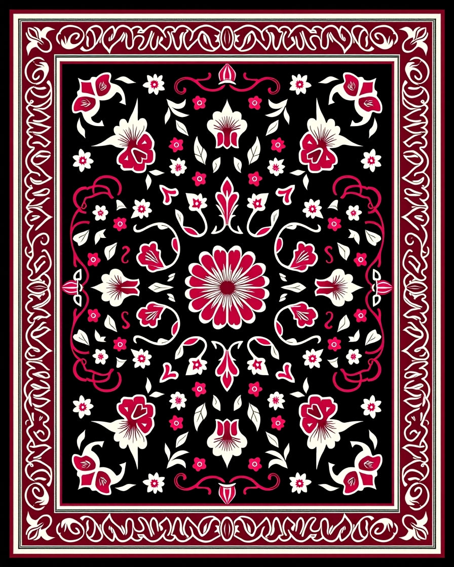 Crimson Floral Medallion Black Rug