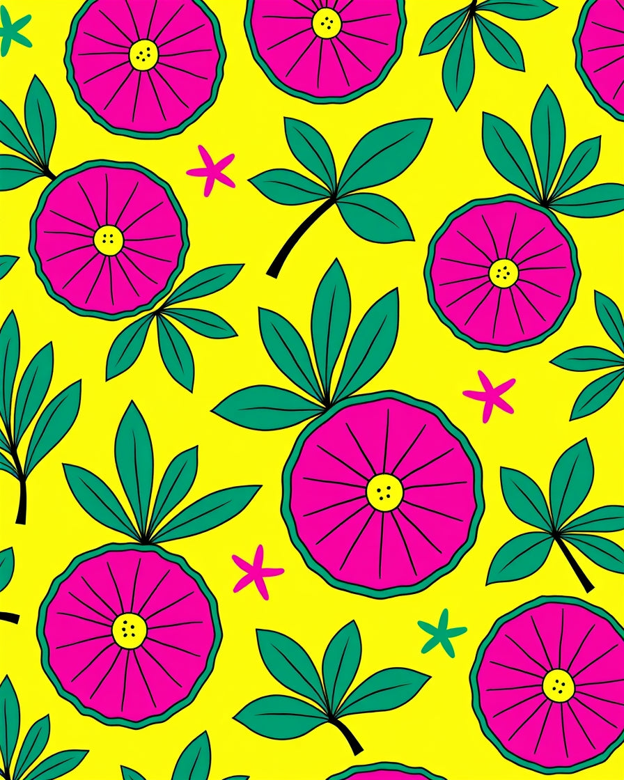 Bright Pink Floral Starburst Yellow Rug