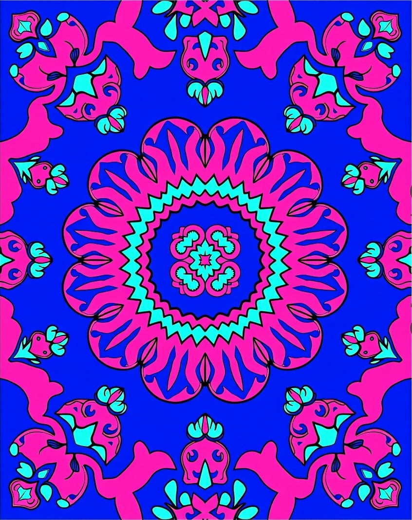 Vibrant pink cyan floral medallion Rug