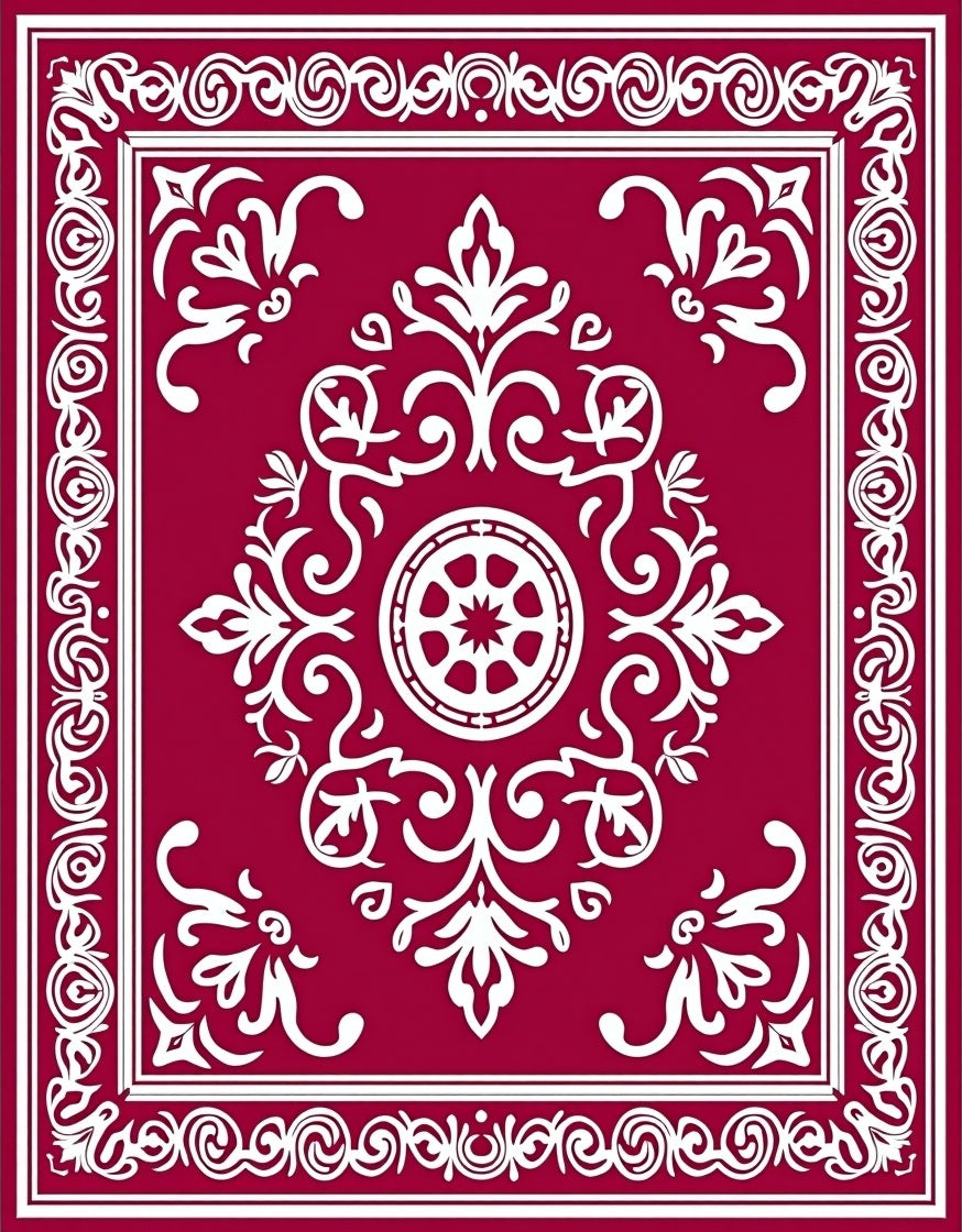 Deep Red White Ornate Ornamental Medallion Rug