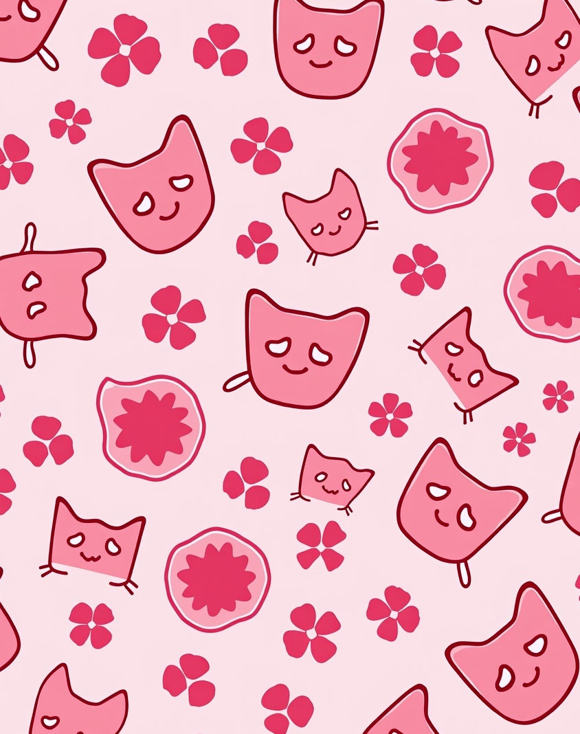 Pink Kawaii Cats And Flowers Rug