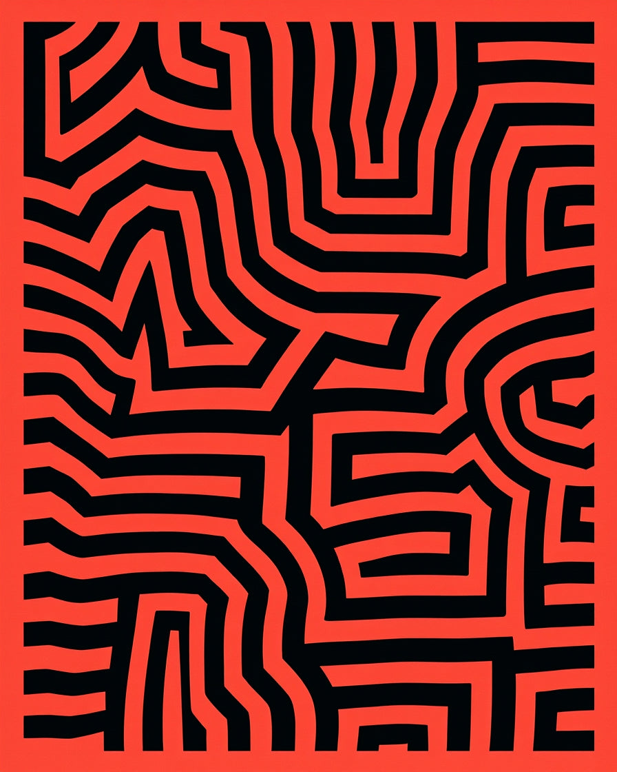 Bold Red Black Labyrinth Lines Rug
