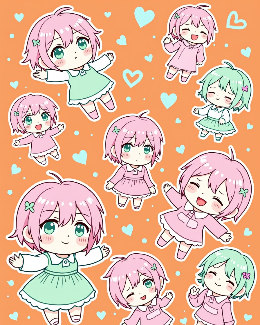 Cute Chibi Kawaii Characters Pink Green Hearts Rug