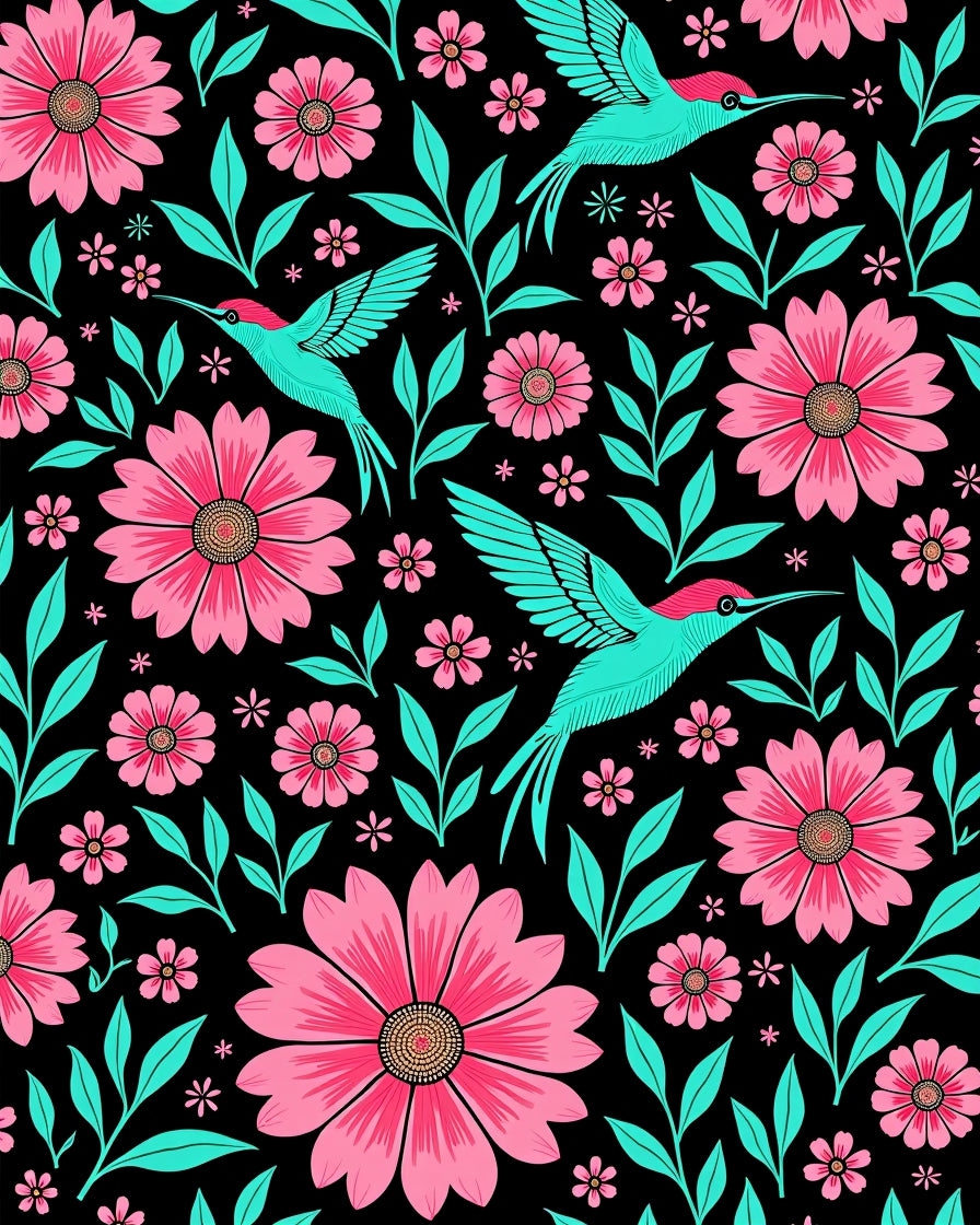 Vibrant Pink Floral Hummingbird Collage Rug