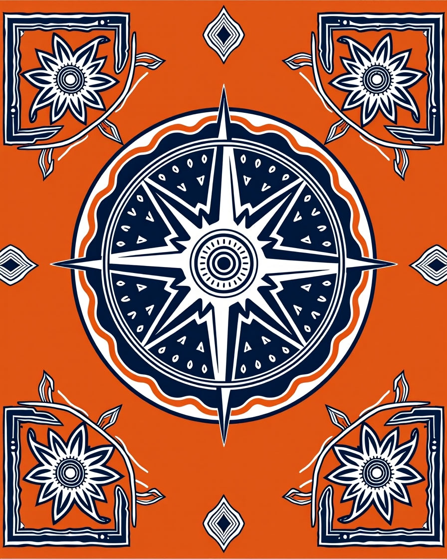 Orange Navy Starburst Floral Medallion Accents Rug