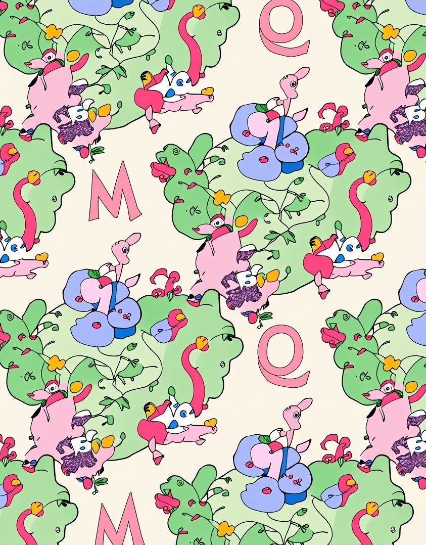 Whimsical Pink Green Cartoon Characters Rug