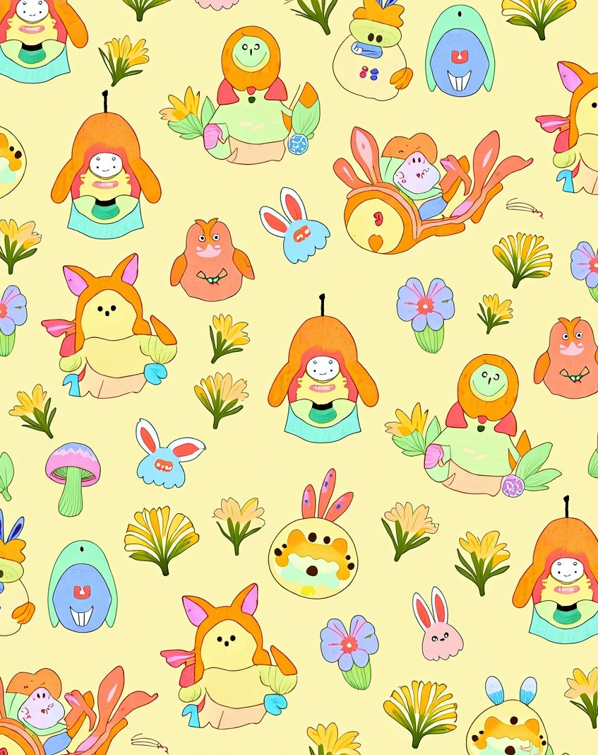 Whimsical Kawaii Characters Colorful Blooms Rug