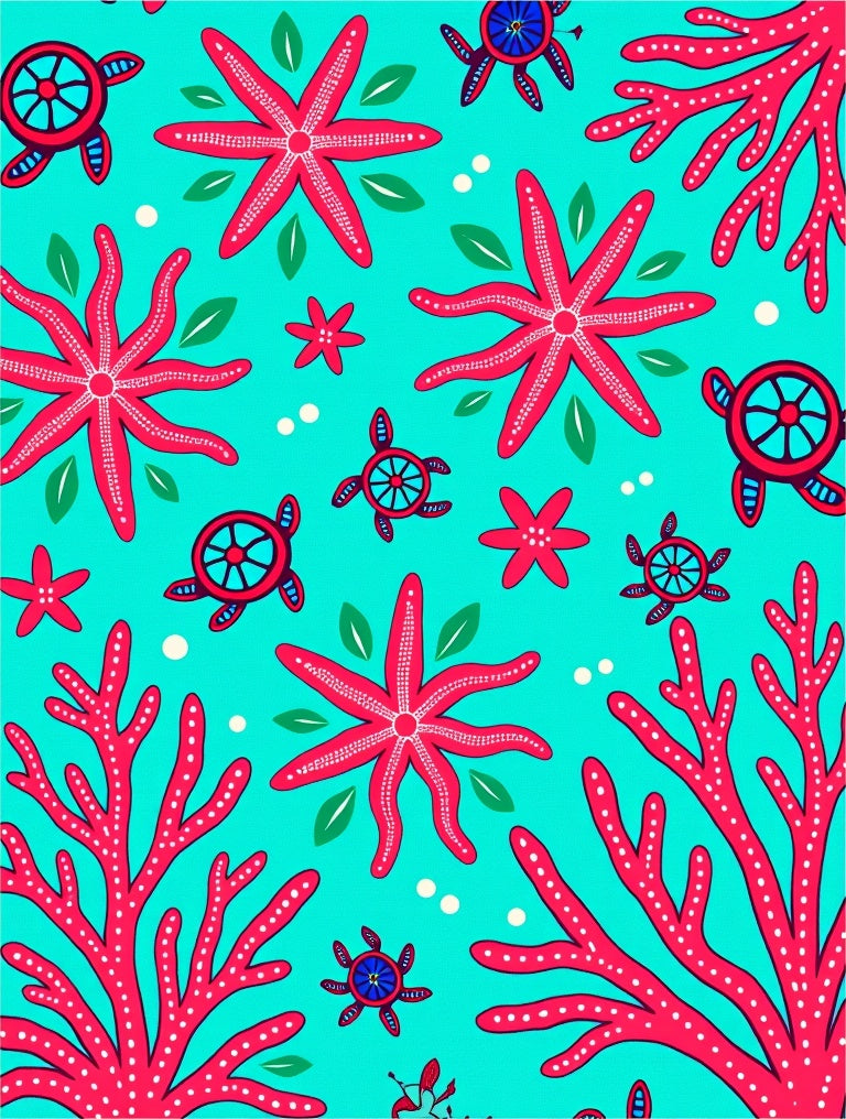 Aqua Red Coral Starfish Turtle Theme Rug