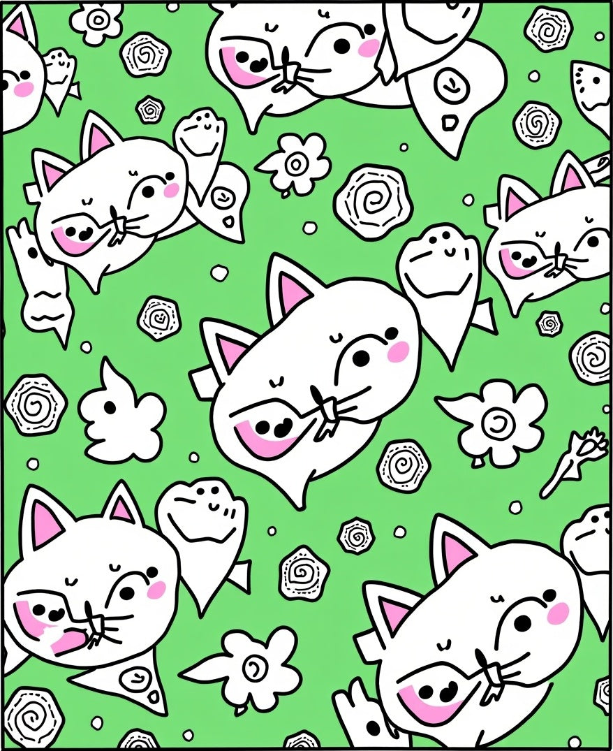 Whimsical White Cats Pink Accents Green Rug