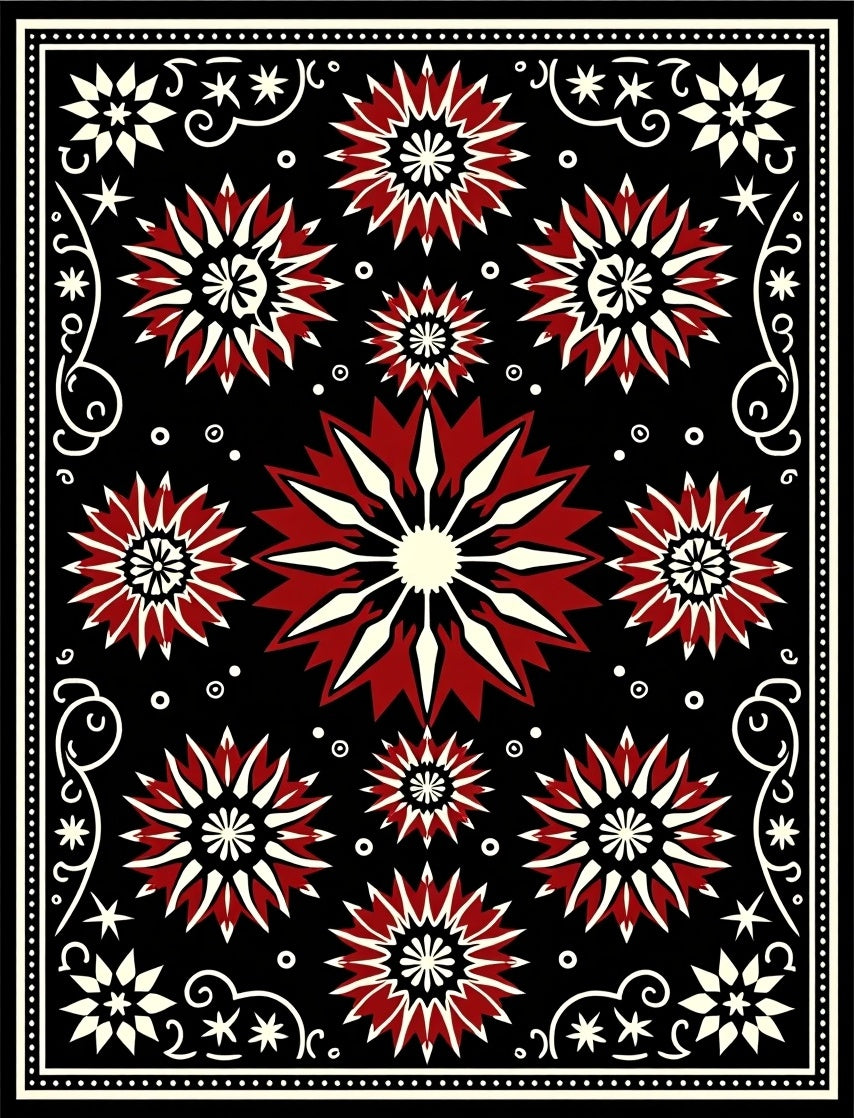 Crimson Starburst Medallion Black Rug