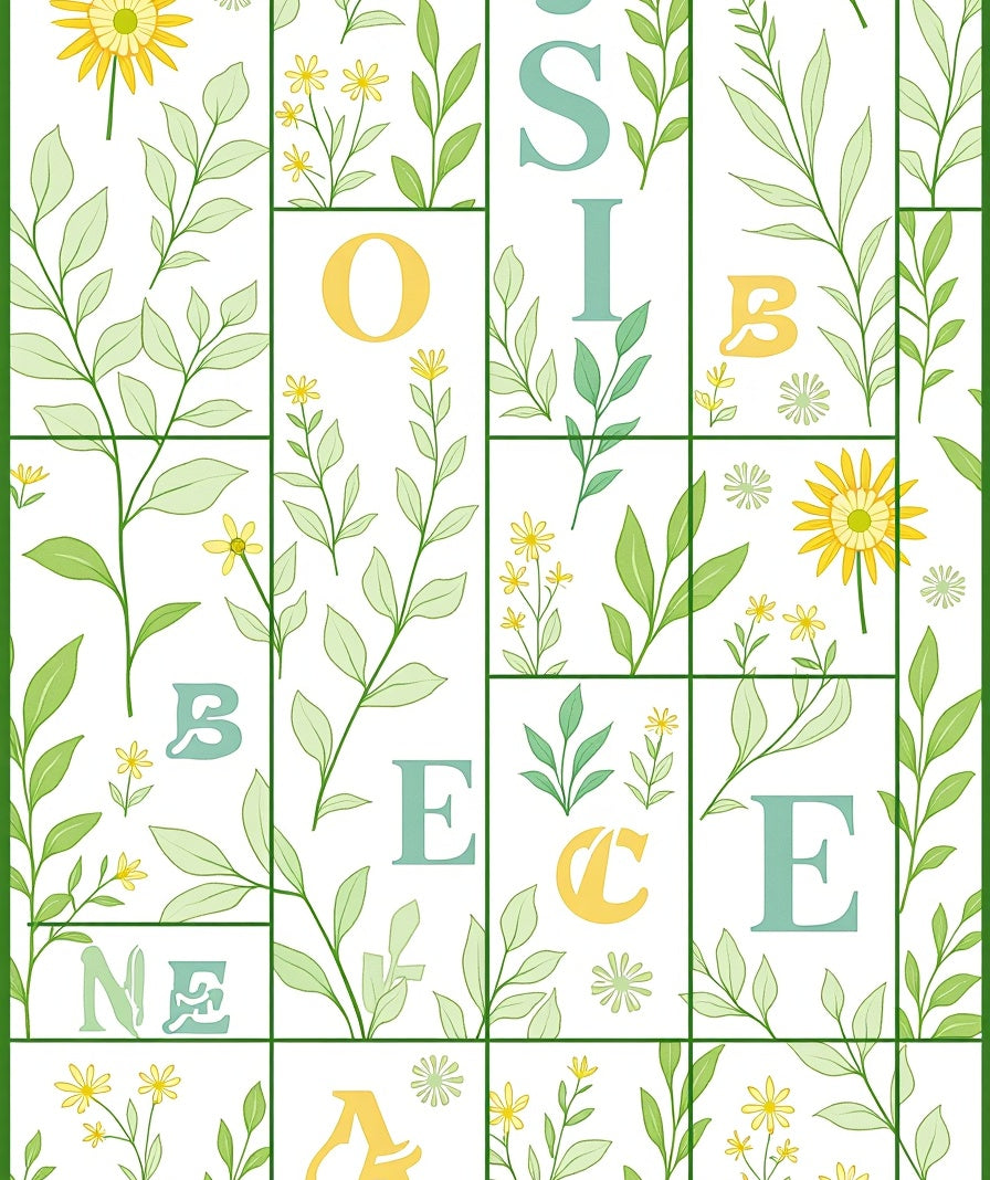 Green Foliage Yellow Flower Alphabet Collage Rug